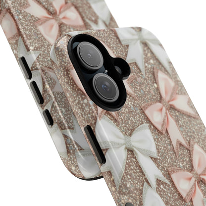 Glitter Bow Tough Phone Case — Pink & White Ribbon Protective Cover