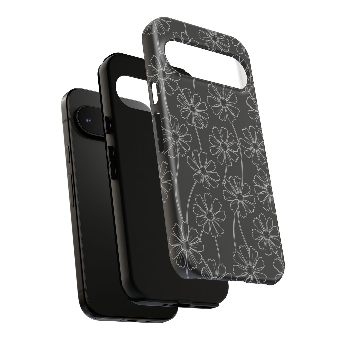 Floral Doodle Tough Phone Case — Black & Gray Daisy Pattern
