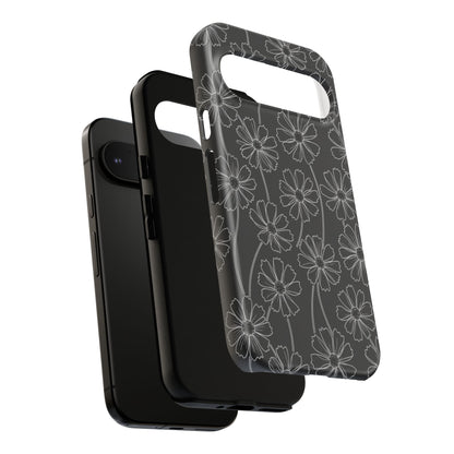 Floral Doodle Tough Phone Case — Black & Gray Daisy Pattern
