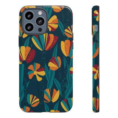 Floral Retro Teal Tough Phone Case — Vibrant Orange & Mustard Blooms