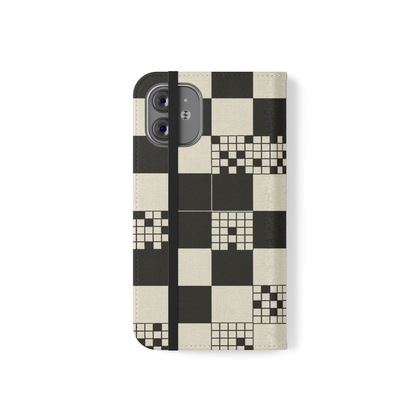 Checkerboard Flip Phone Case – Retro Black & Cream Geometric Wallet Case