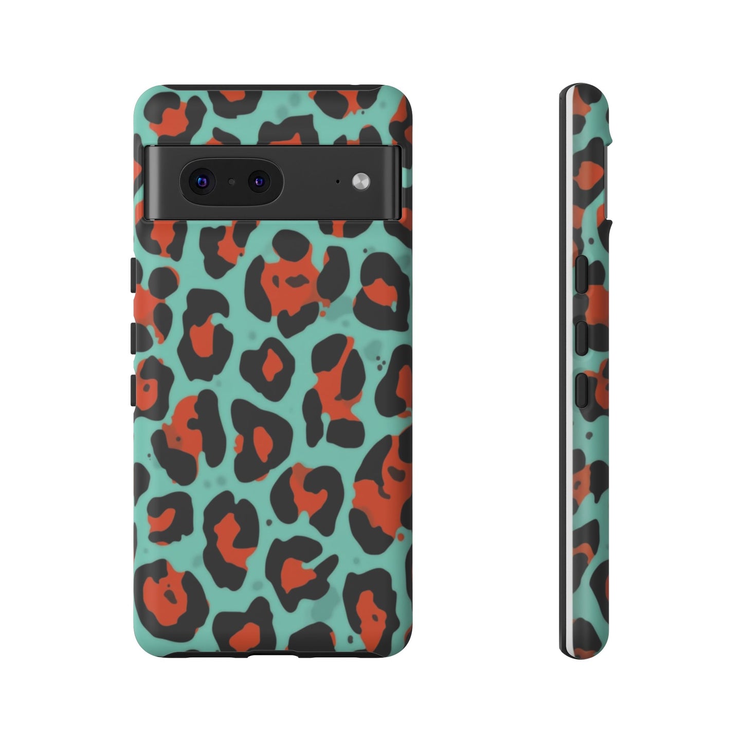 Leopard Print Tough Phone Case — Teal & Rust Protective iPhone Cover