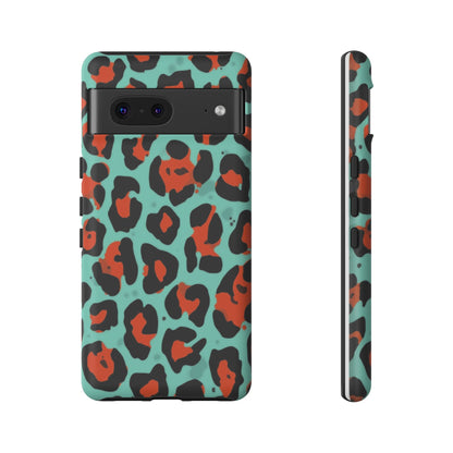 Leopard Print Tough Phone Case — Teal & Rust Protective iPhone Cover