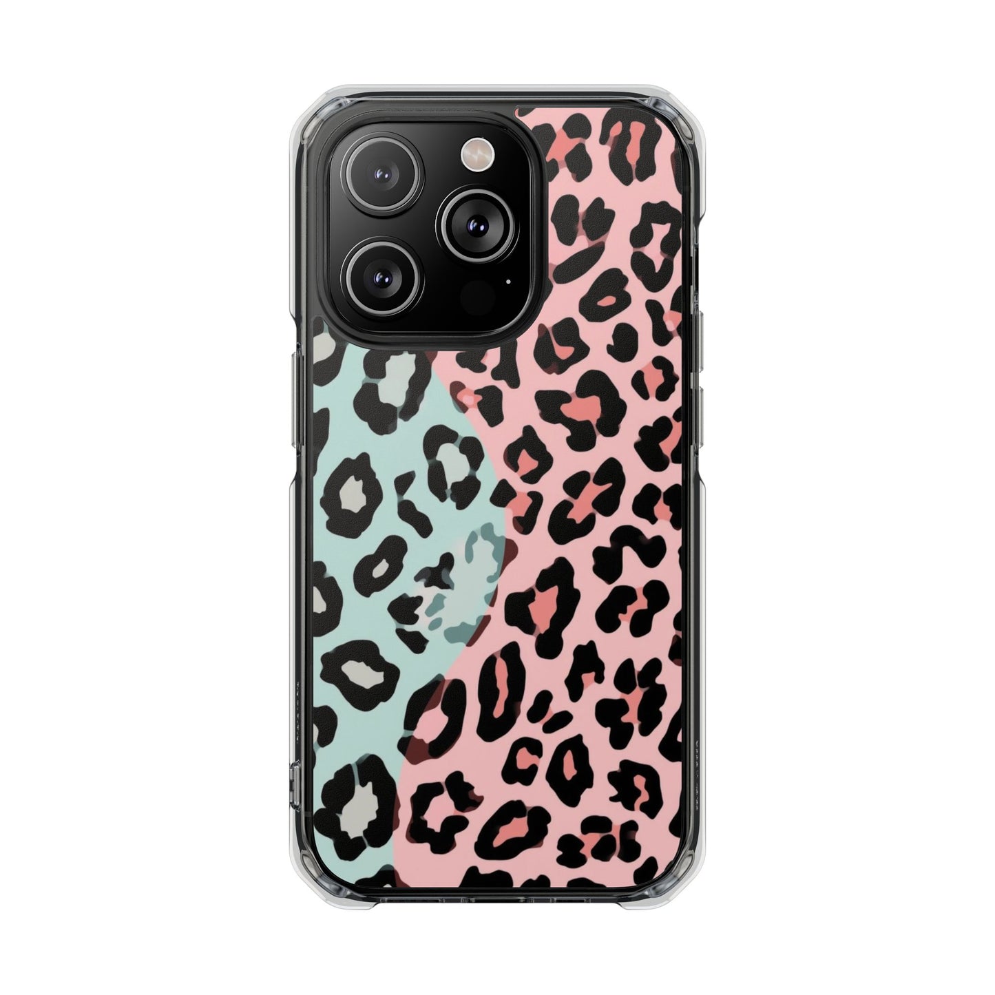 Clear Magnetic Phone Case — Pink & Mint Leopard Print