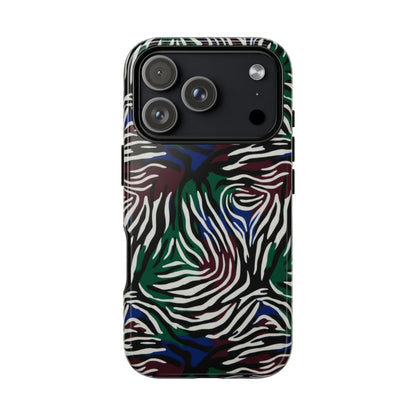 Zebra Camo Tough Phone Case – Green & Blue Animal Print Protective Cover