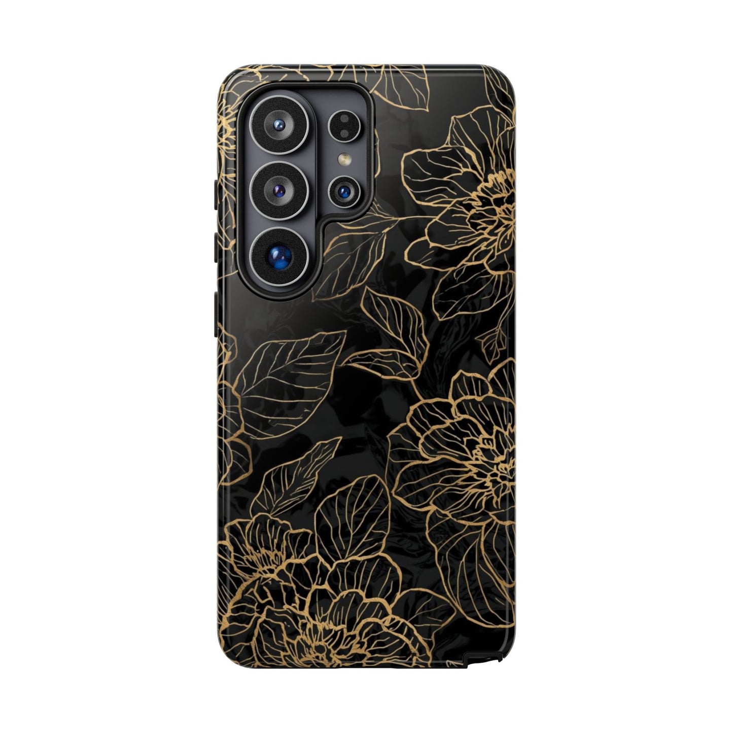 Floral Gold Outline Tough Phone Case – Black Botanical Protective Cover