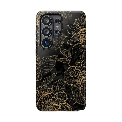 Floral Gold Outline Tough Phone Case – Black Botanical Protective Cover