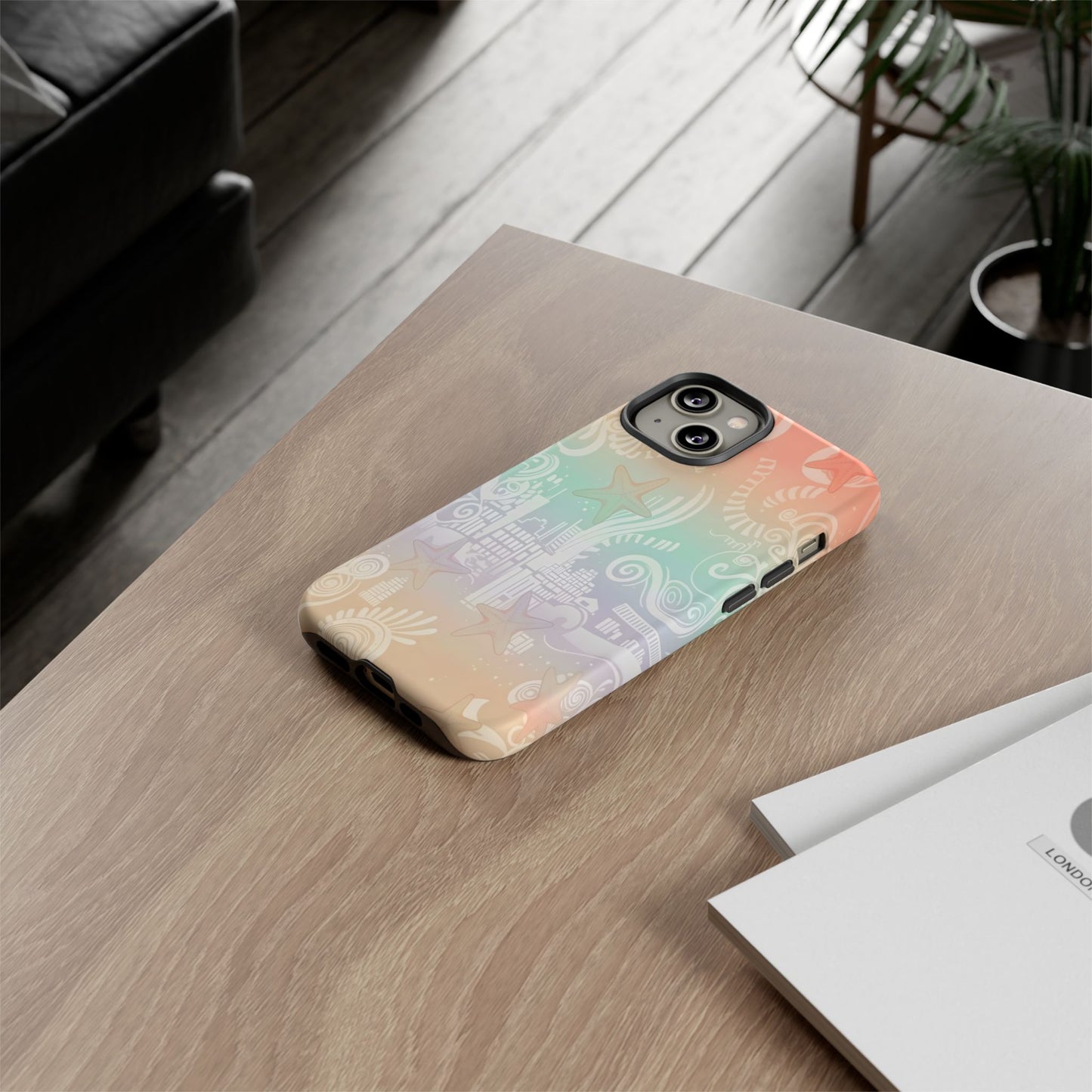 Tough Cases: Pastel Beach Pattern Phone Case — Starfish & Coastal Cityscape Protective Cover