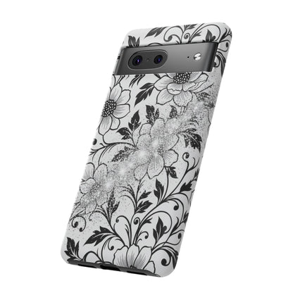 Floral Lace Phone Case — Black & White Vintage Flower Protective Case