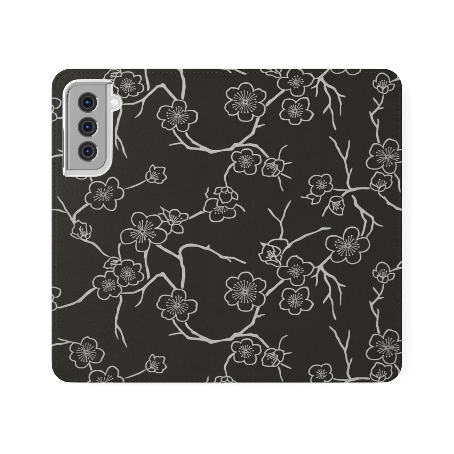 Black Cherry Blossom Flip Phone Case – Floral Wallet Flip Case with Card Slots