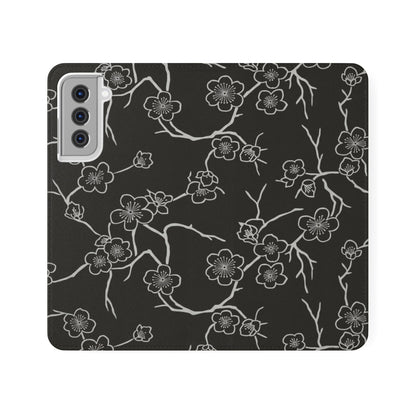 Black Cherry Blossom Flip Phone Case – Floral Wallet Flip Case with Card Slots