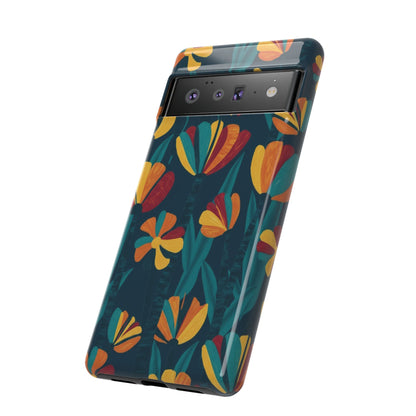 Floral Retro Teal Tough Phone Case — Vibrant Orange & Mustard Blooms