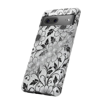Floral Lace Phone Case — Black & White Vintage Flower Protective Case