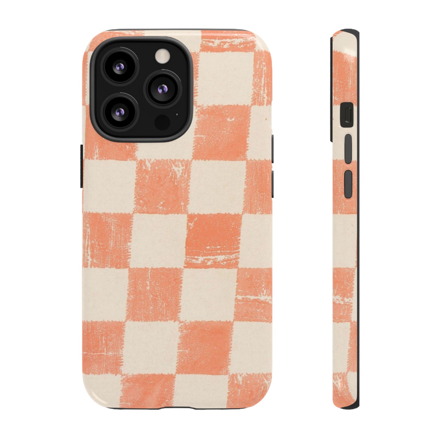 Peach Checkerboard Tough Phone Case — Retro Distressed Grid Design