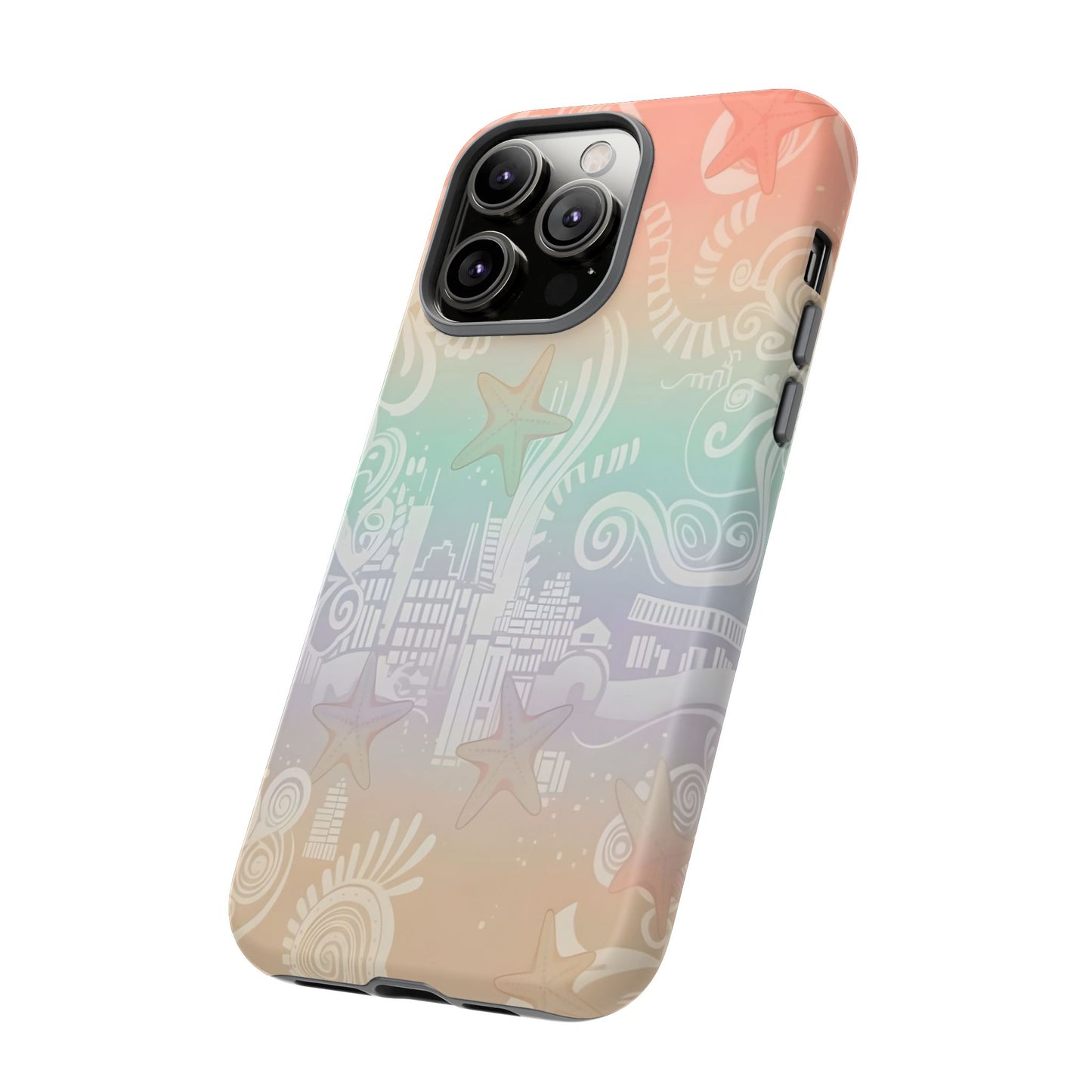 Tough Cases: Pastel Beach Pattern Phone Case — Starfish & Coastal Cityscape Protective Cover