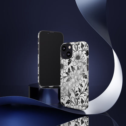 Floral Lace Phone Case — Black & White Vintage Flower Protective Case