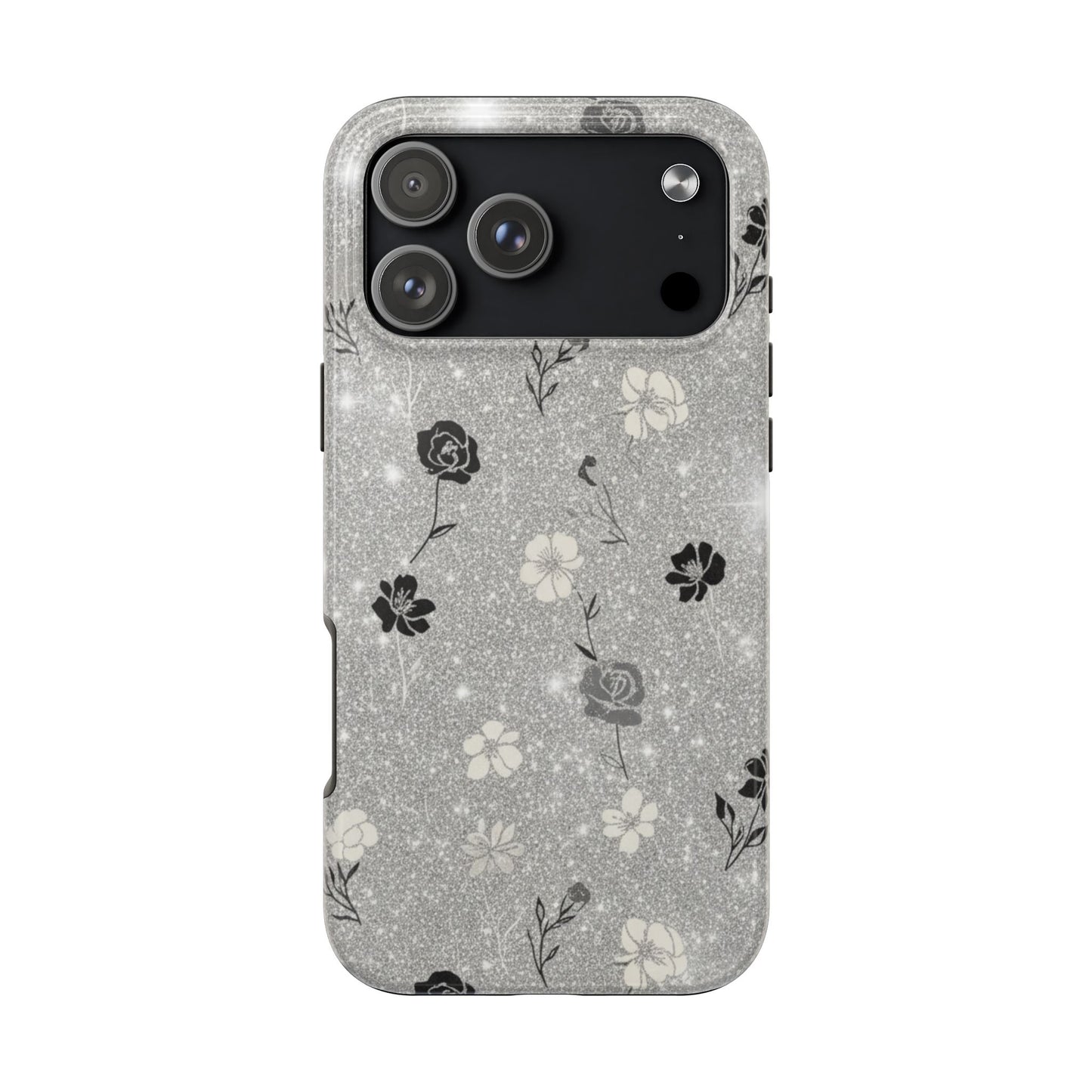Floral Glitter Tough Phone Case — Black & Silver Vintage Flower Protective Cover