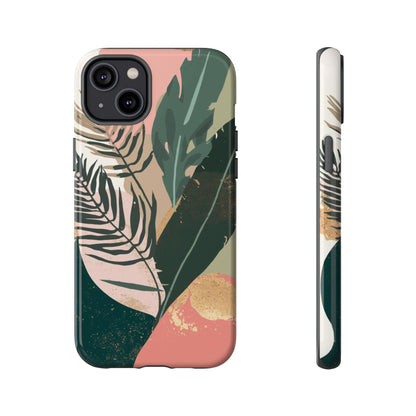 Tropical Leaf Tough Phone Case — Abstract Pink & Green Botanical Protective Cover