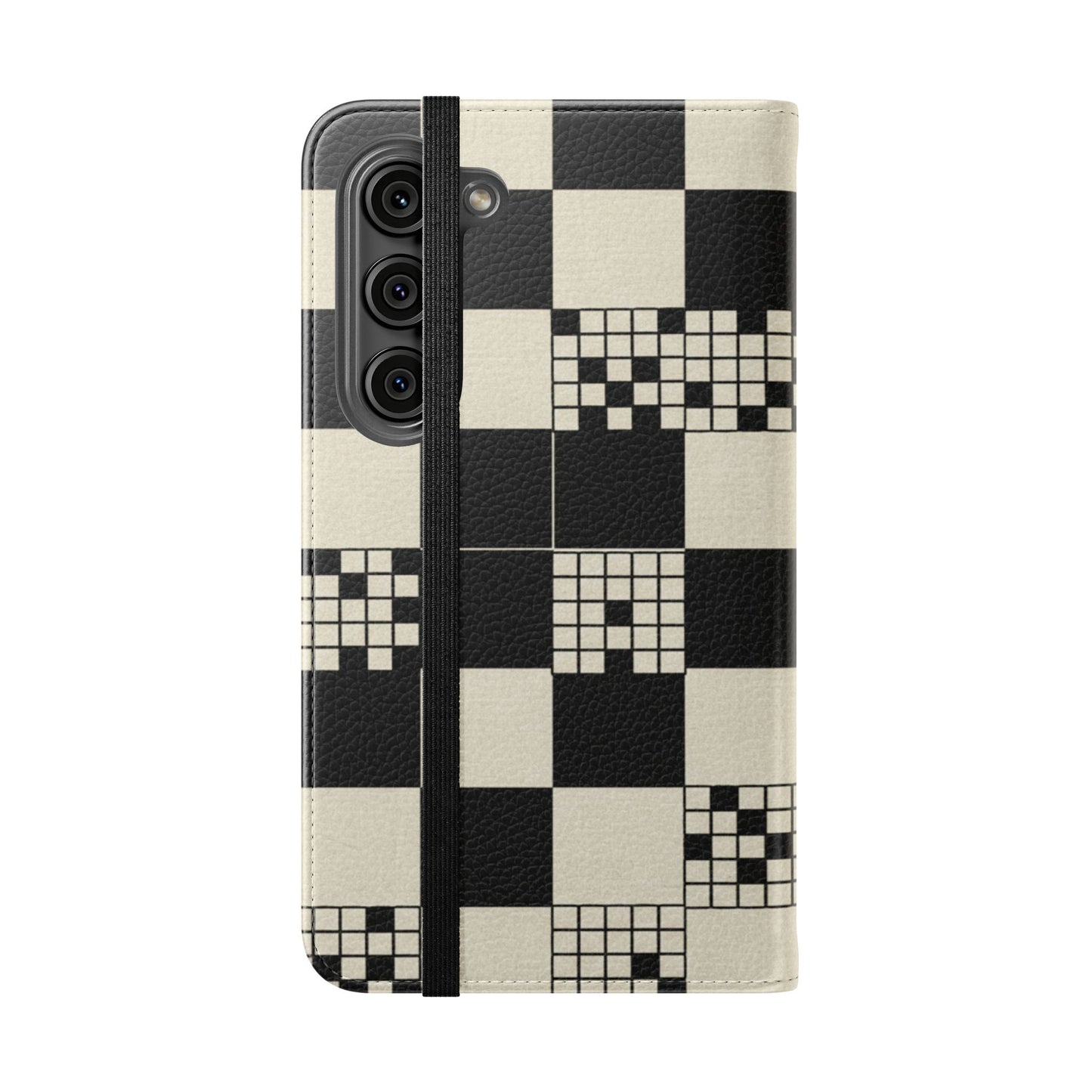 Checkerboard Flip Phone Case – Retro Black & Cream Geometric Wallet Case