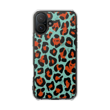 Clear Magnetic Phone Case — Teal & Rust Leopard Print