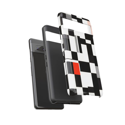 Abstract Geometric Phone Case – Black & White Checker Grid with Red Accent