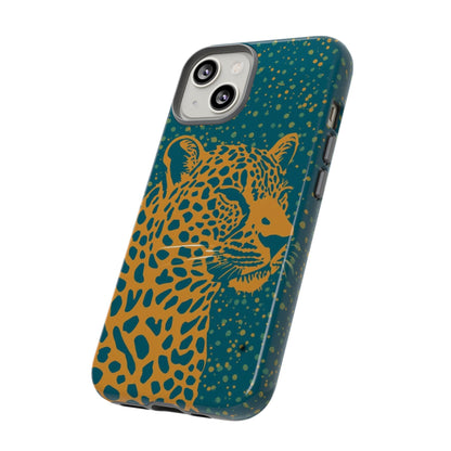 Leopard Print Tough Phone Case — Gold Panther on Teal, Protective iPhone Cover