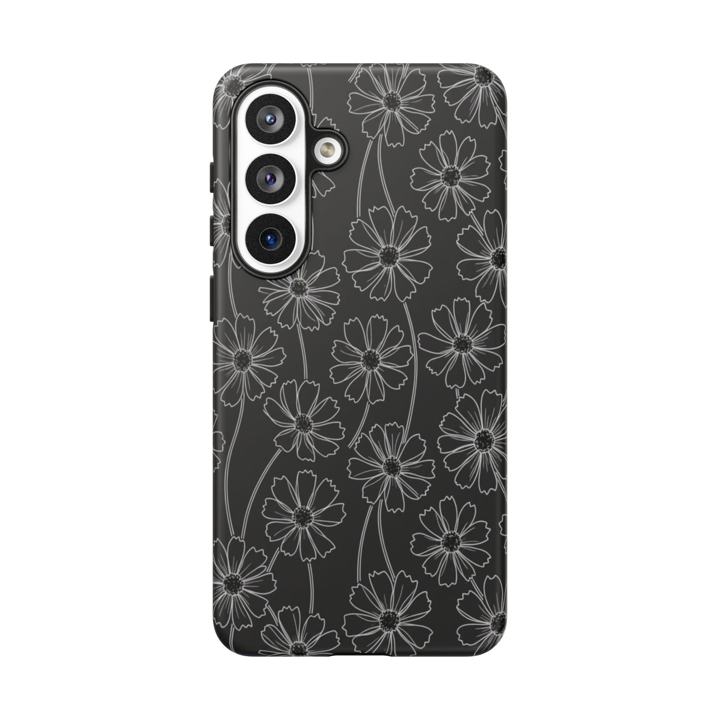 Floral Doodle Tough Phone Case — Black & Gray Daisy Pattern