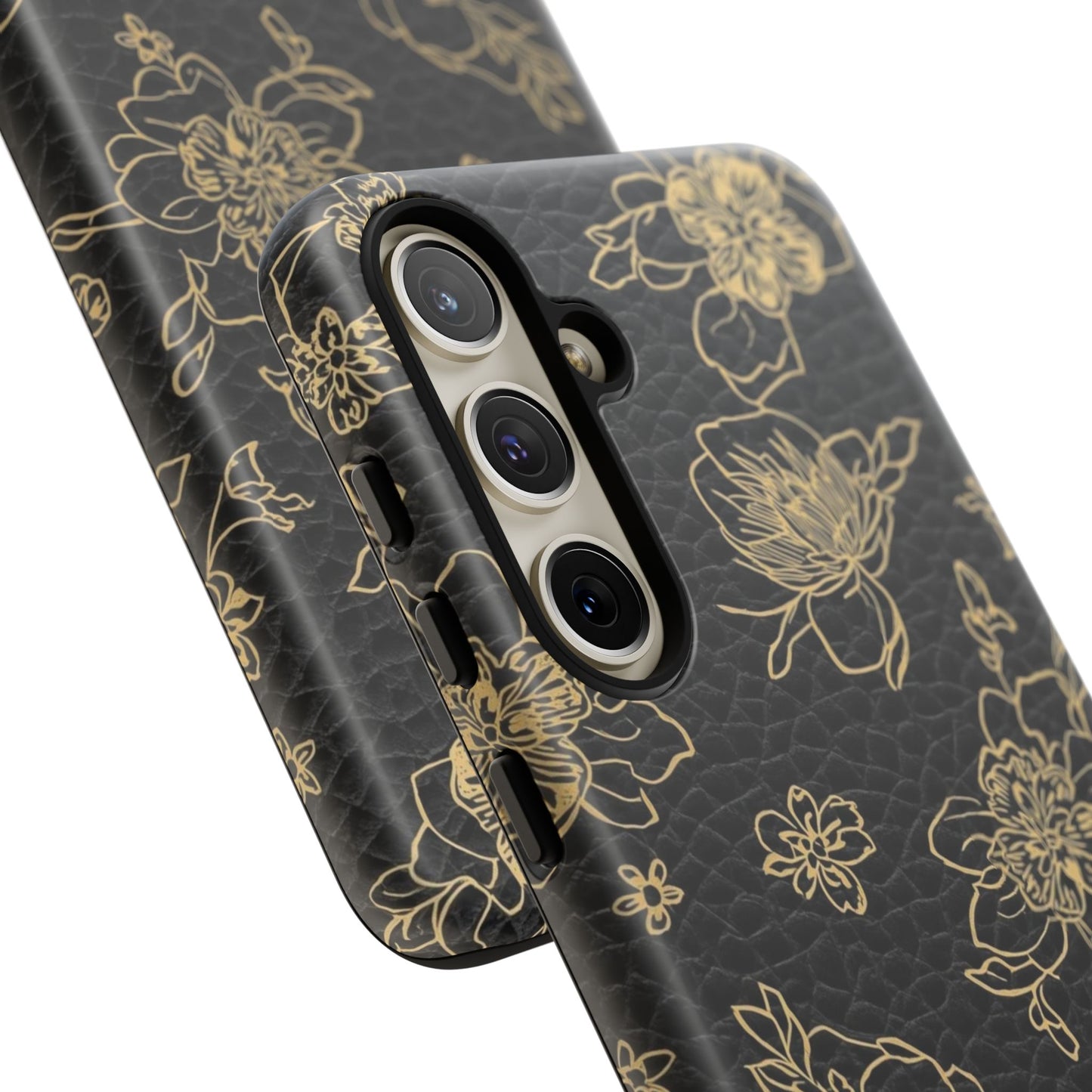 Floral Leather Phone Case — Gold Outline Flowers on Black Tough Case