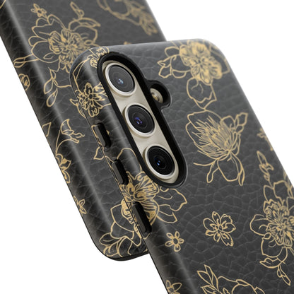 Floral Leather Phone Case — Gold Outline Flowers on Black Tough Case