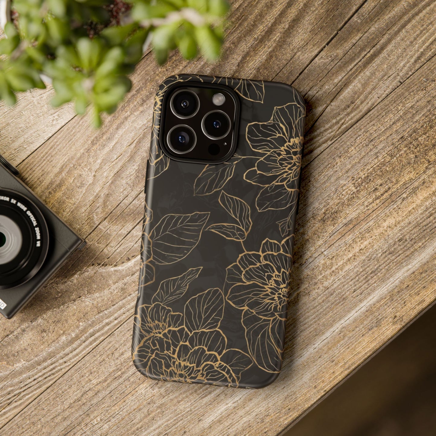 Floral Gold Outline Tough Phone Case – Black Botanical Protective Cover
