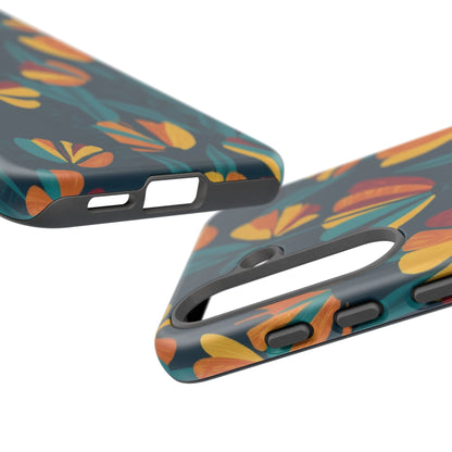 Floral Retro Teal Tough Phone Case — Vibrant Orange & Mustard Blooms