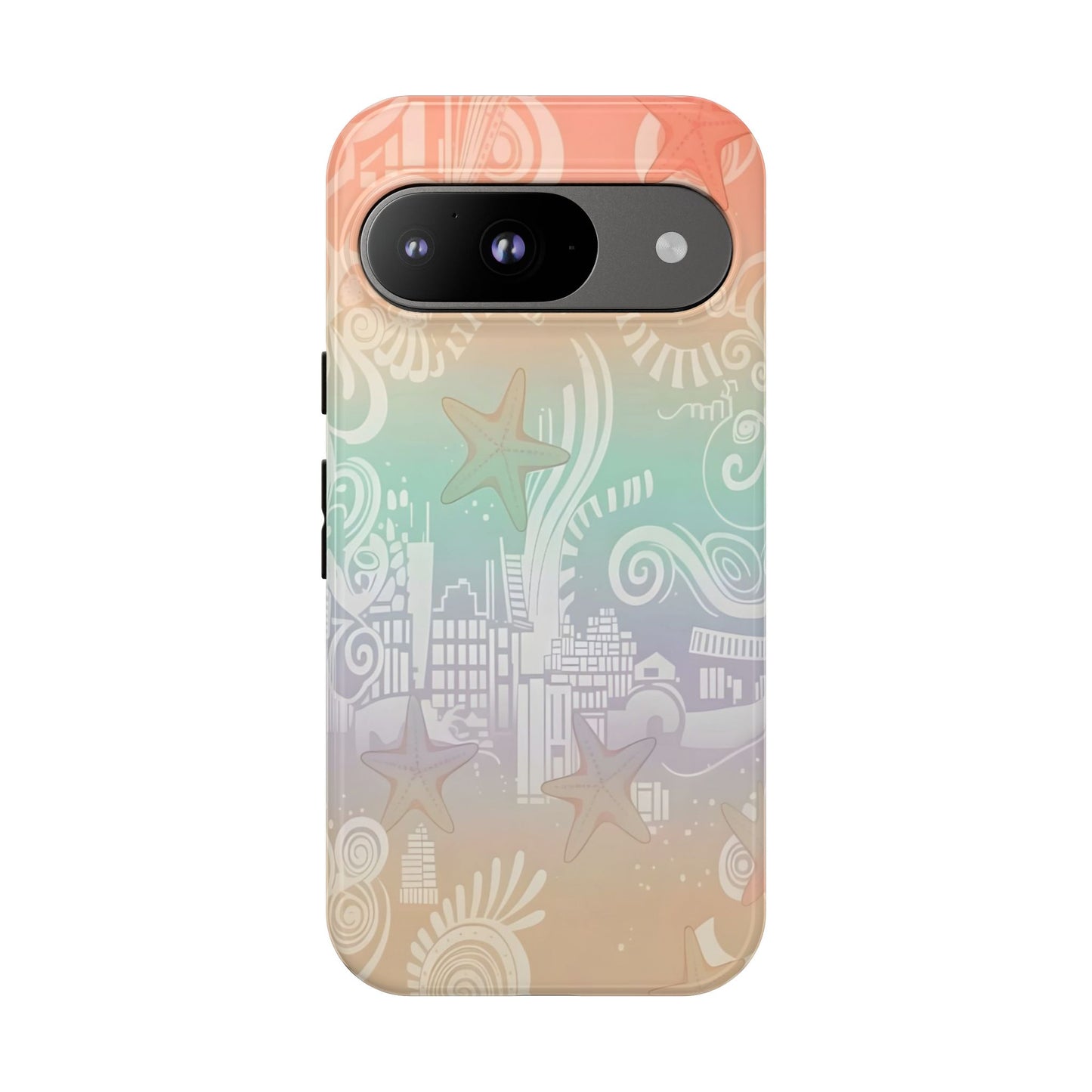 Tough Cases: Pastel Beach Pattern Phone Case — Starfish & Coastal Cityscape Protective Cover