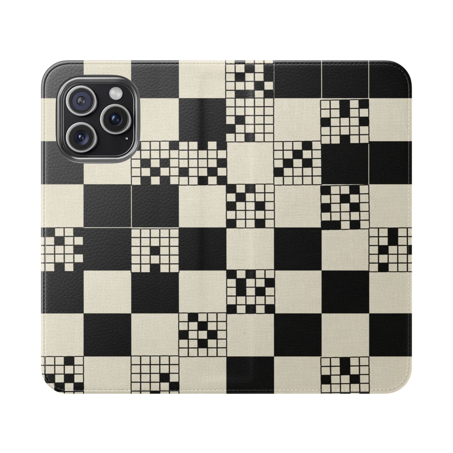 Checkerboard Flip Phone Case – Retro Black & Cream Geometric Wallet Case