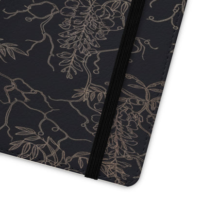 Botanical Noir Flip Phone Case — Dark Floral Wallet Cover with Card Slots
