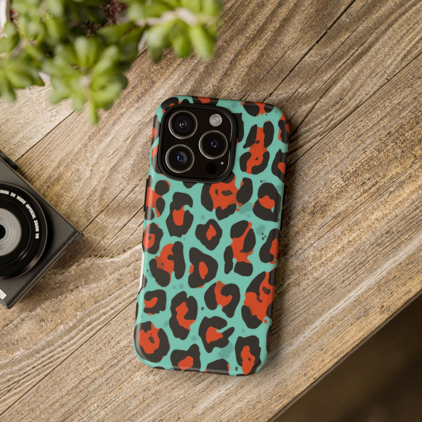 Leopard Print Tough Phone Case — Teal & Rust Protective iPhone Cover