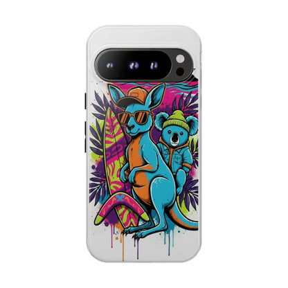 Kangaroo & Koala Surf Phone Case — Retro Neon Beach Art Tough Case