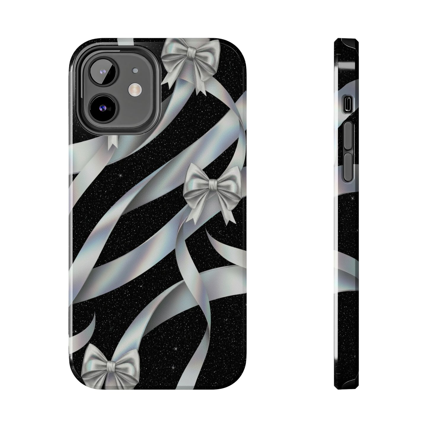 Silver Ribbon Bow Tough Phone Case — Glitter Black Protective Phone Case