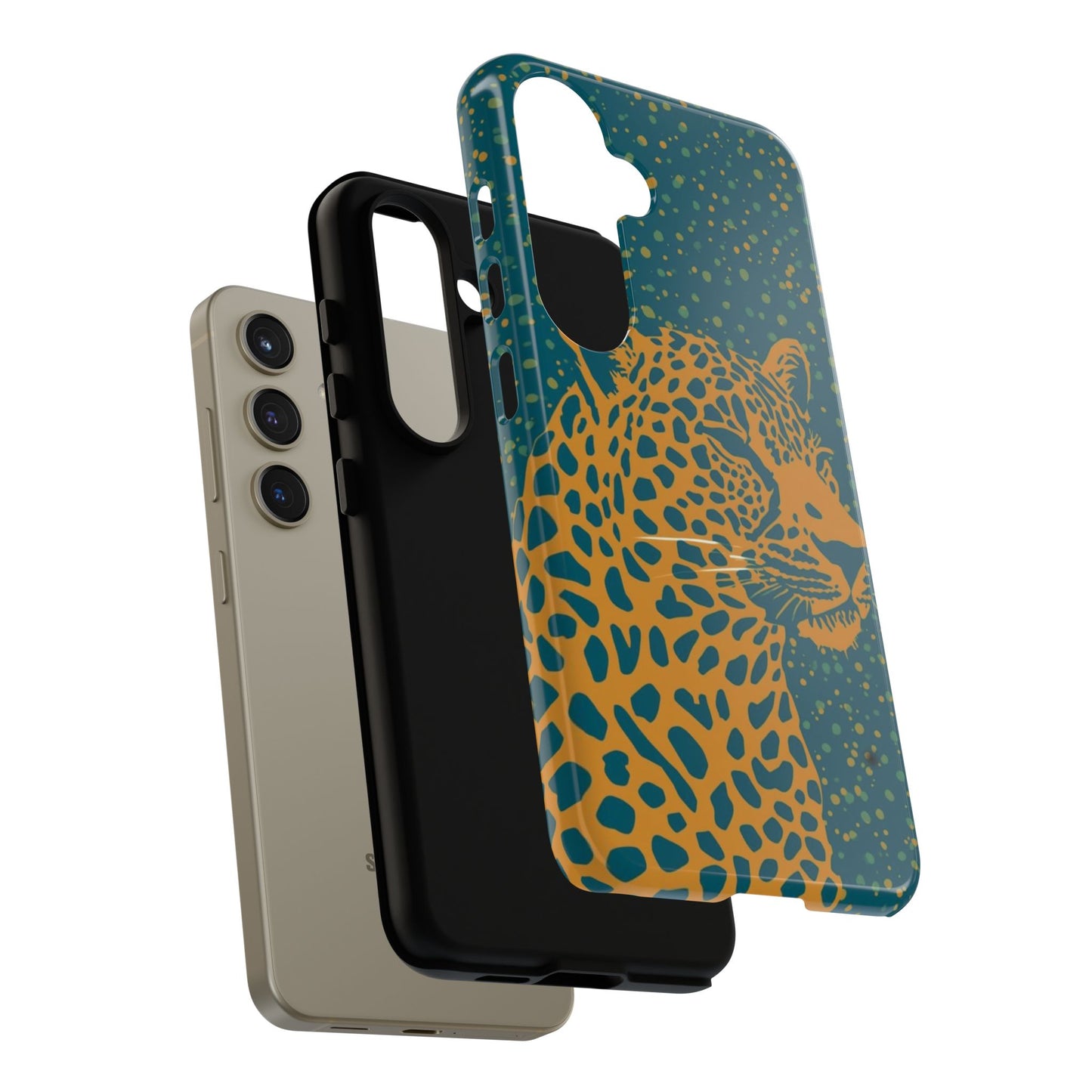 Leopard Print Tough Phone Case — Gold Panther on Teal, Protective iPhone Cover