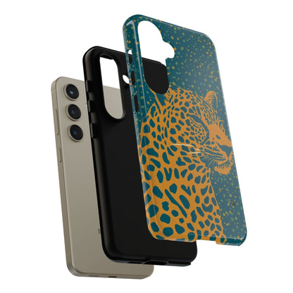 Leopard Print Tough Phone Case — Gold Panther on Teal, Protective iPhone Cover