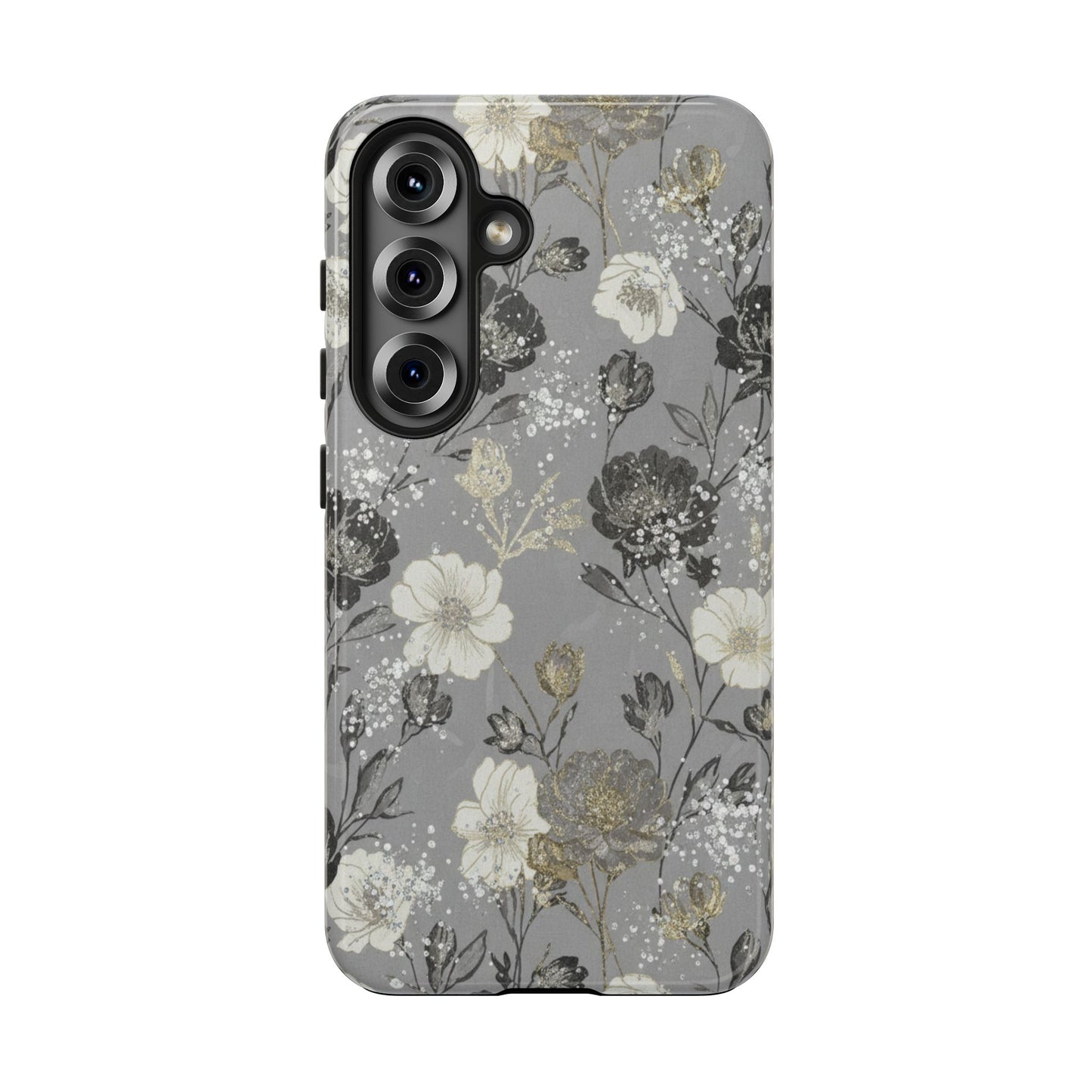 Floral Gray Tough Phone Case — Elegant Protective Phone Cover with Gold Accent