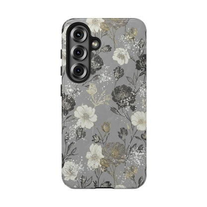 Floral Gray Tough Phone Case — Elegant Protective Phone Cover with Gold Accent