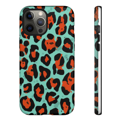 Leopard Print Tough Phone Case — Teal & Rust Protective iPhone Cover
