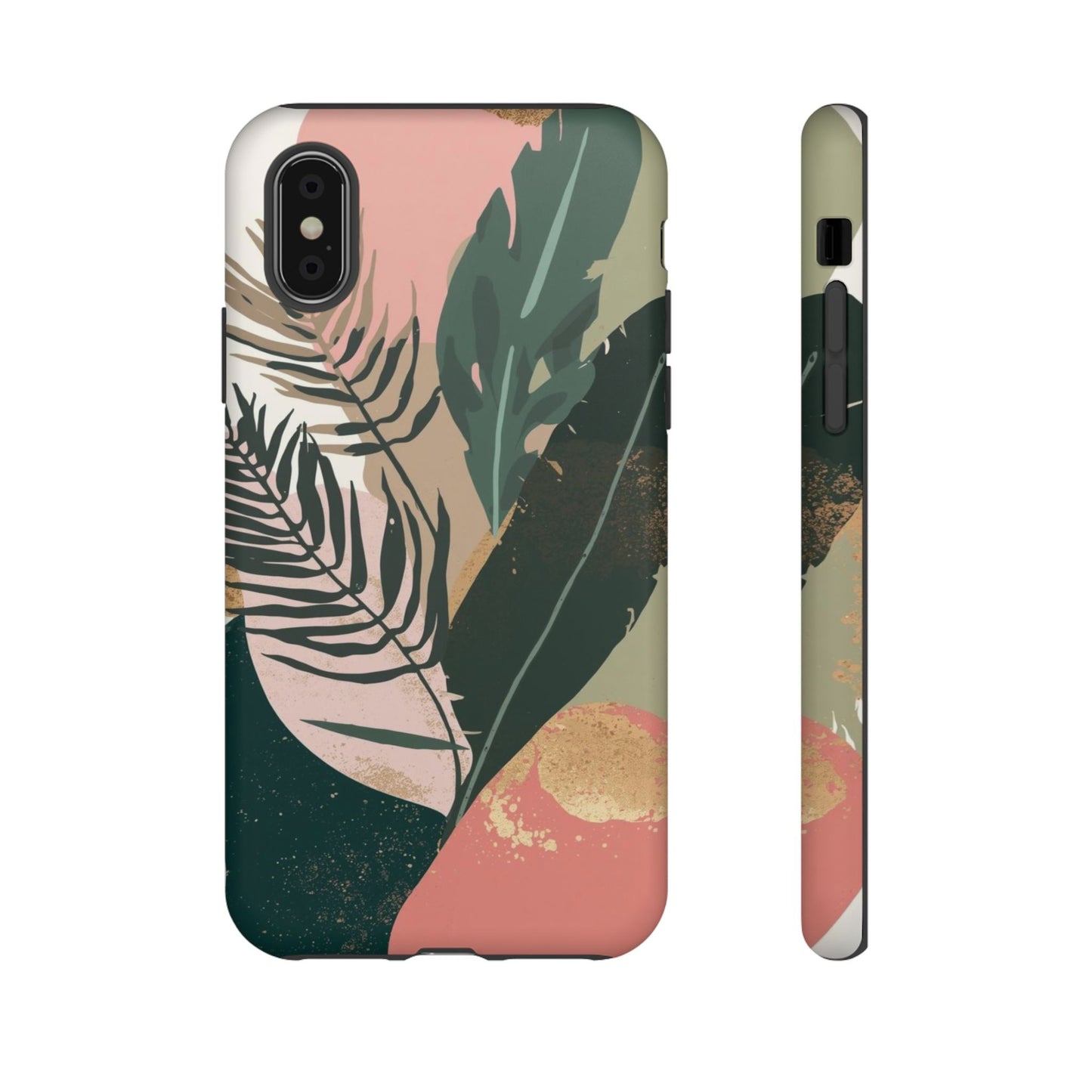 Tropical Leaf Tough Phone Case — Abstract Pink & Green Botanical Protective Cover