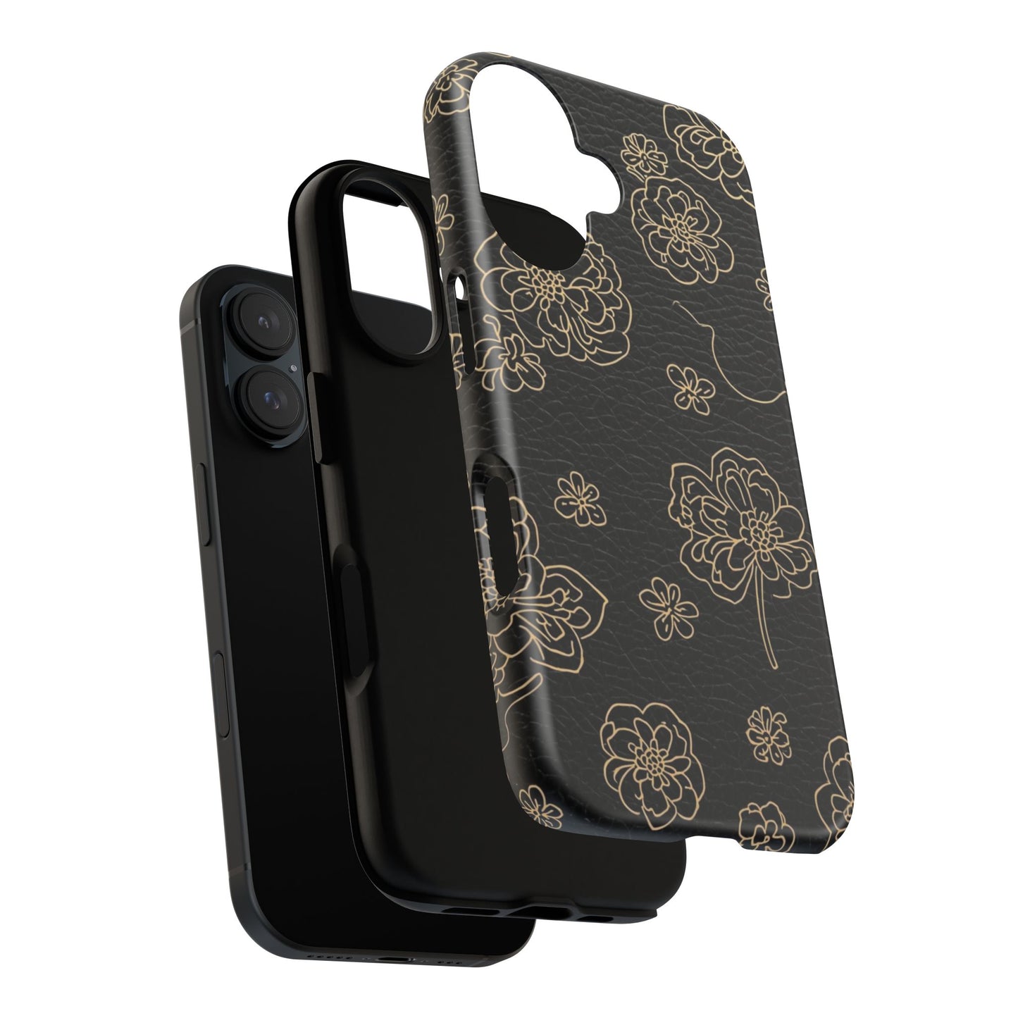 Floral Leather-Texture Tough Case – Black Gold Outline Phone Cover