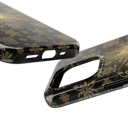 Glitter Burst Tough Phone Case — Black & Gold Floral Protective Cover