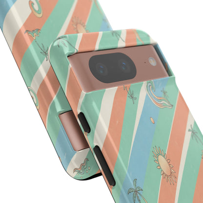 Retro Beach Stripes Phone Case — Sun, Waves & Palm Pattern Tough Case