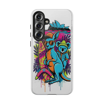 Kangaroo & Koala Surf Phone Case — Retro Neon Beach Art Tough Case