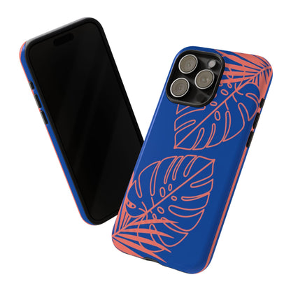Tropical Monstera Phone Case — Blue & Coral Leaf Protective Cover