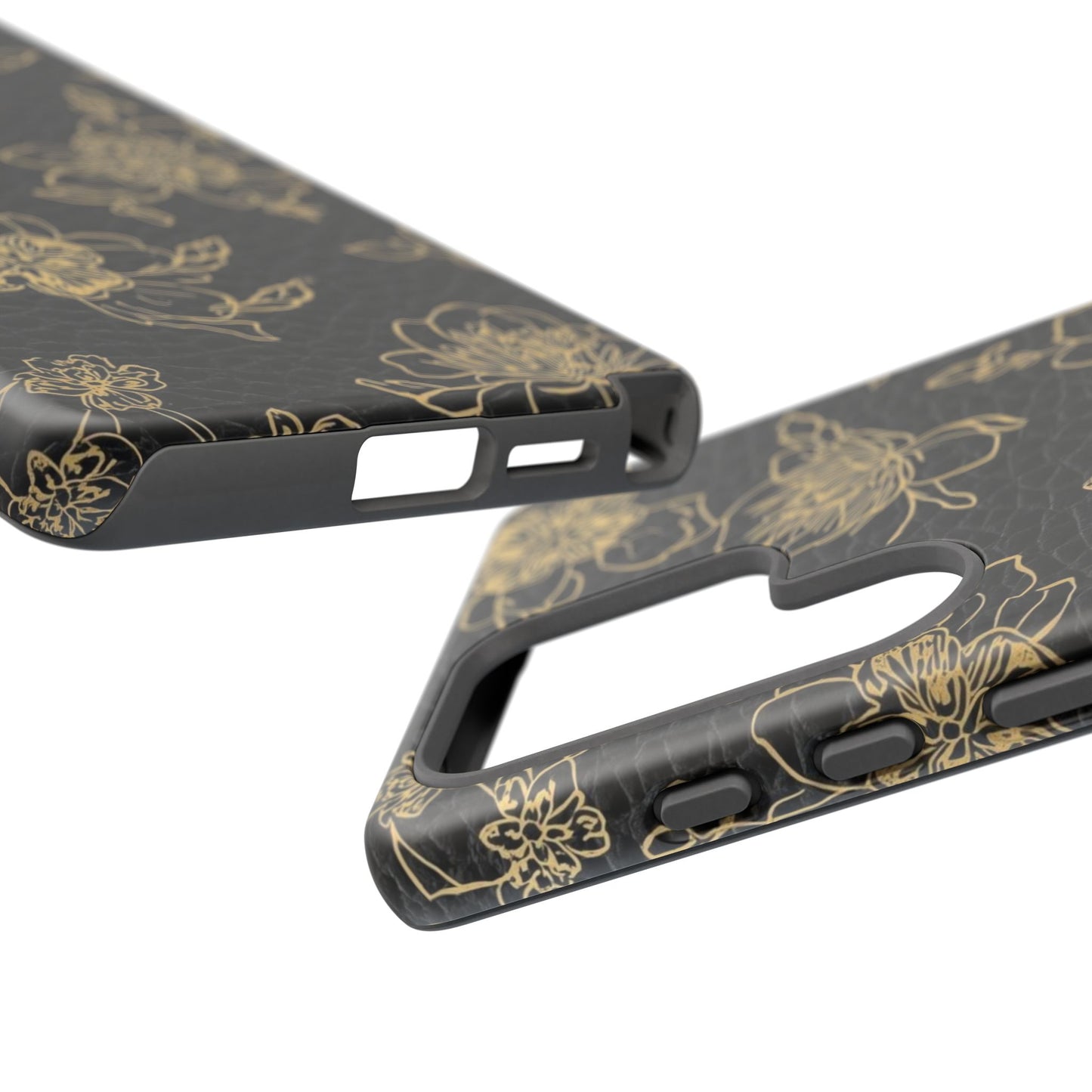 Floral Leather Phone Case — Gold Outline Flowers on Black Tough Case