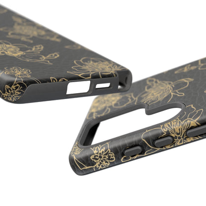 Floral Leather Phone Case — Gold Outline Flowers on Black Tough Case